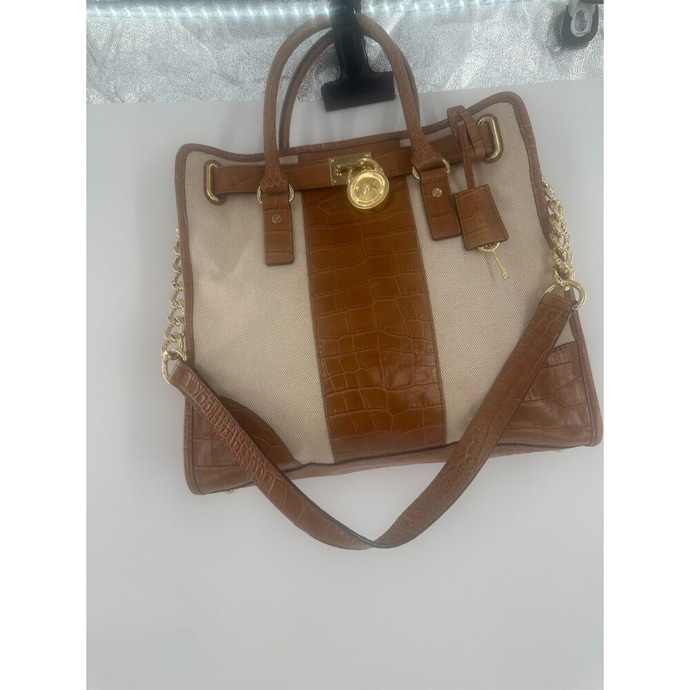 Michael Kors Hamilton Large Canvas & Cognac Croc Embossed Leather Tote Satchel